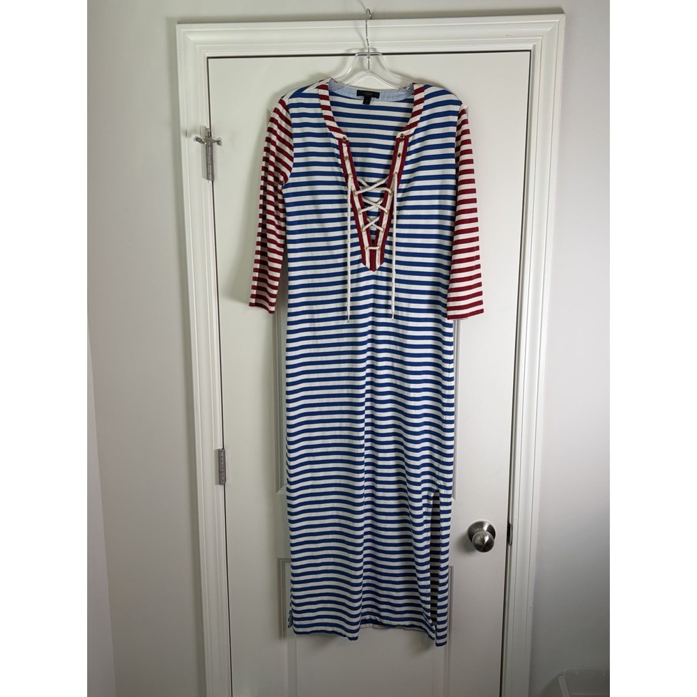 J Crew Sammie Striped Baltic Mesa Long Nautical Dress Coverup Lace Up Front, Sm